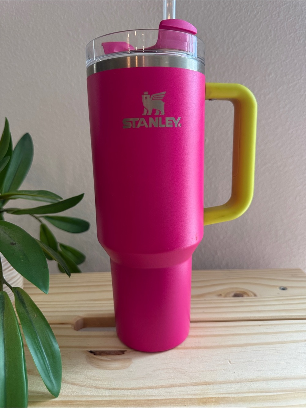 Stanley Hot Pink Tumbler with neon Yellow Handle